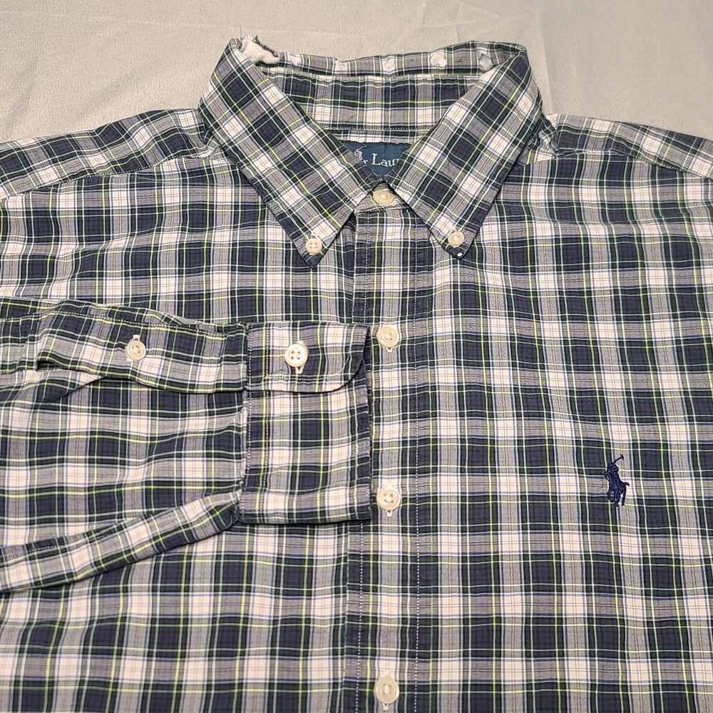 Ralph Lauren Button Down Mens L Green Navy Plaid Classic Fit Long Sleeve Shirt‎
